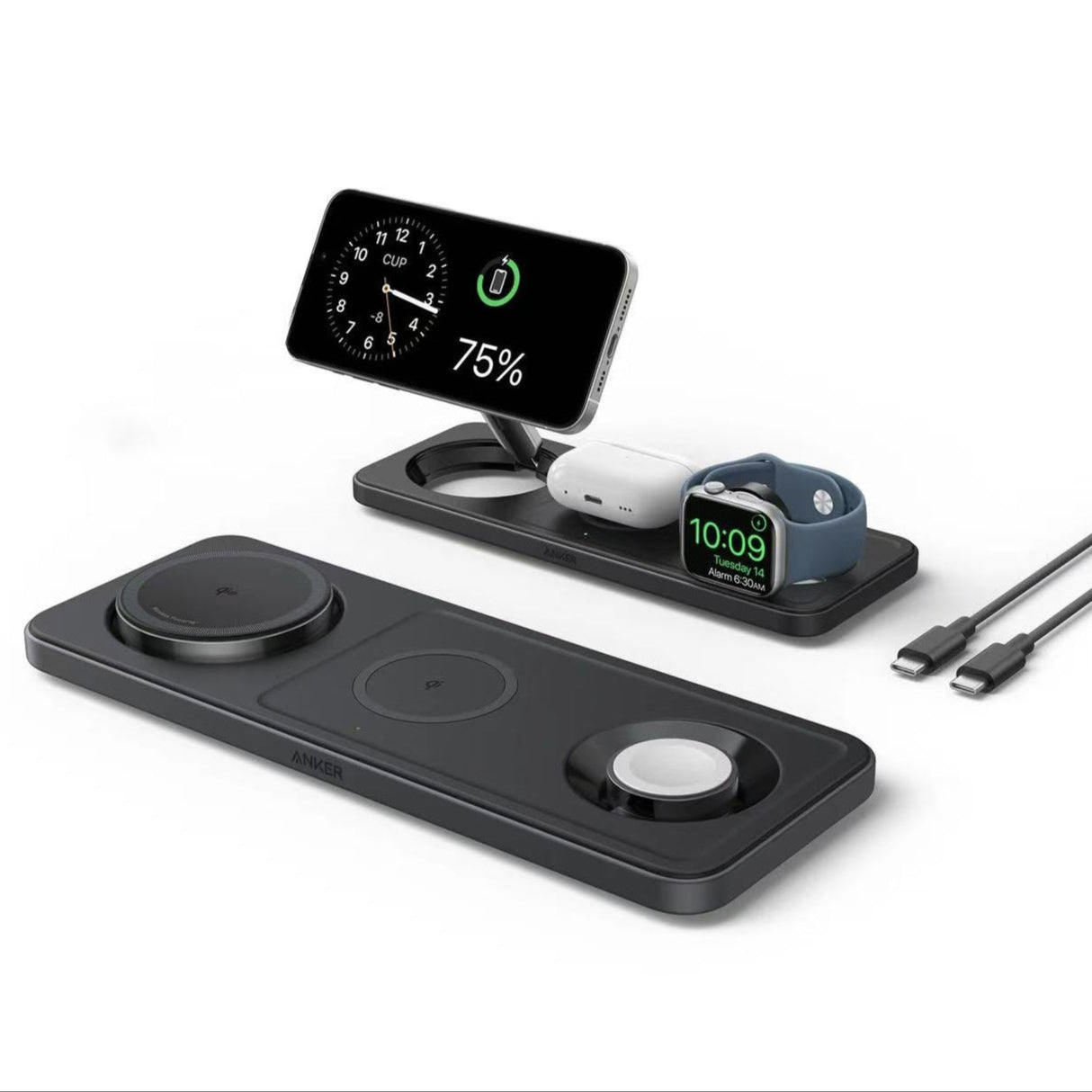 Anker MagGo 3 合 1 無線充電站正面展示，同時充電 iPhone、Apple Watch 和 AirPods。