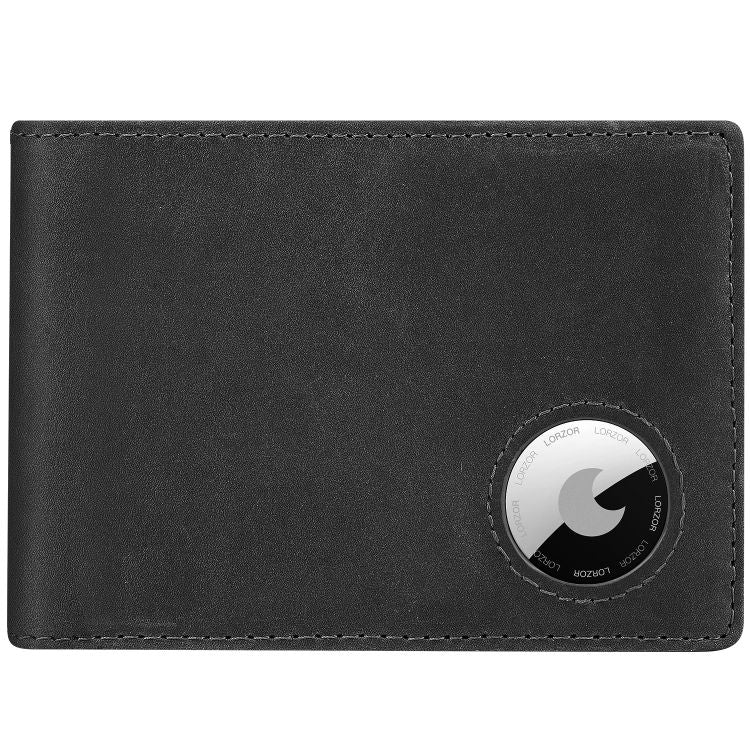 LORZOR 真皮錢包，內置 AirTag 插槽與 RFID 防盜功能，雙折設計適合男士使用