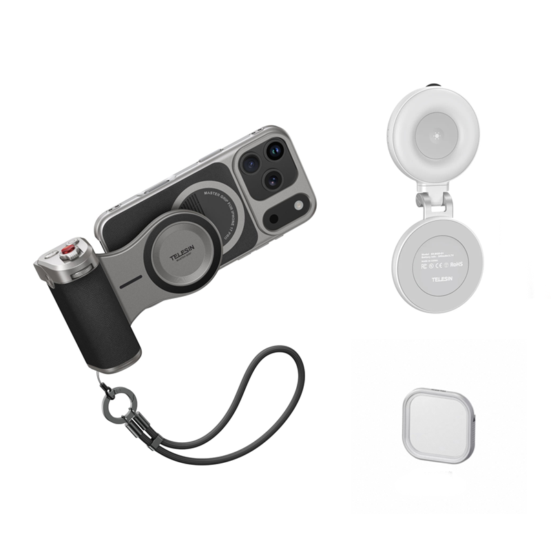 TELESIN Master Grip 大師版 iPhone 17 Pro / Pro Max 手機專用拍攝握把，展示穩定拍攝功能。