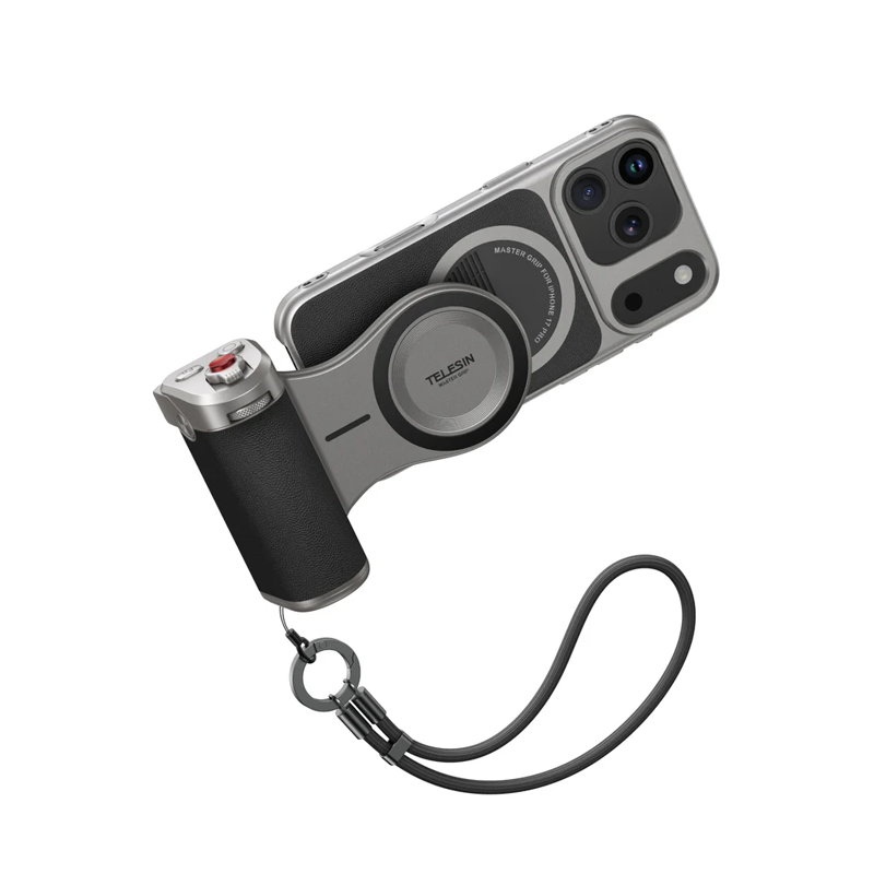 TELESIN Master Grip iPhone 17 Pro / Pro Max 專用拍攝握把，展示穩定拍攝功能。