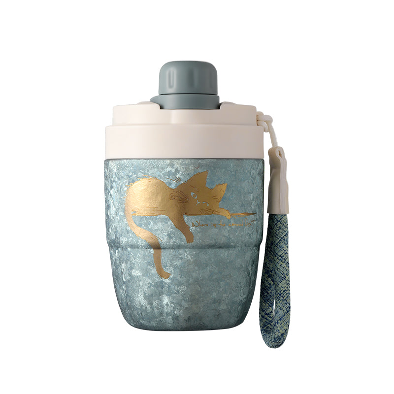 ETELF Portable Coffee Cup｜隨行咖啡杯  慵懶貓圖案 藍色 杯身質感展示