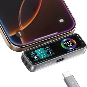 TWOPAN Portable SSD 正面展示：顯示 LCD 屏幕與智能冷卻風扇細節。