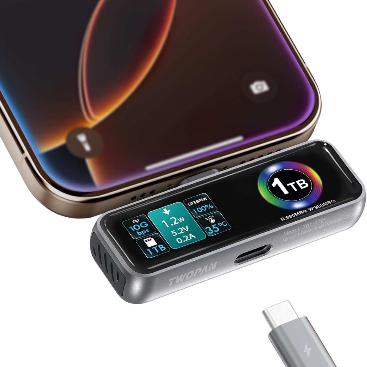 TWOPAN Portable SSD 正面展示：顯示 LCD 屏幕與智能冷卻風扇細節。