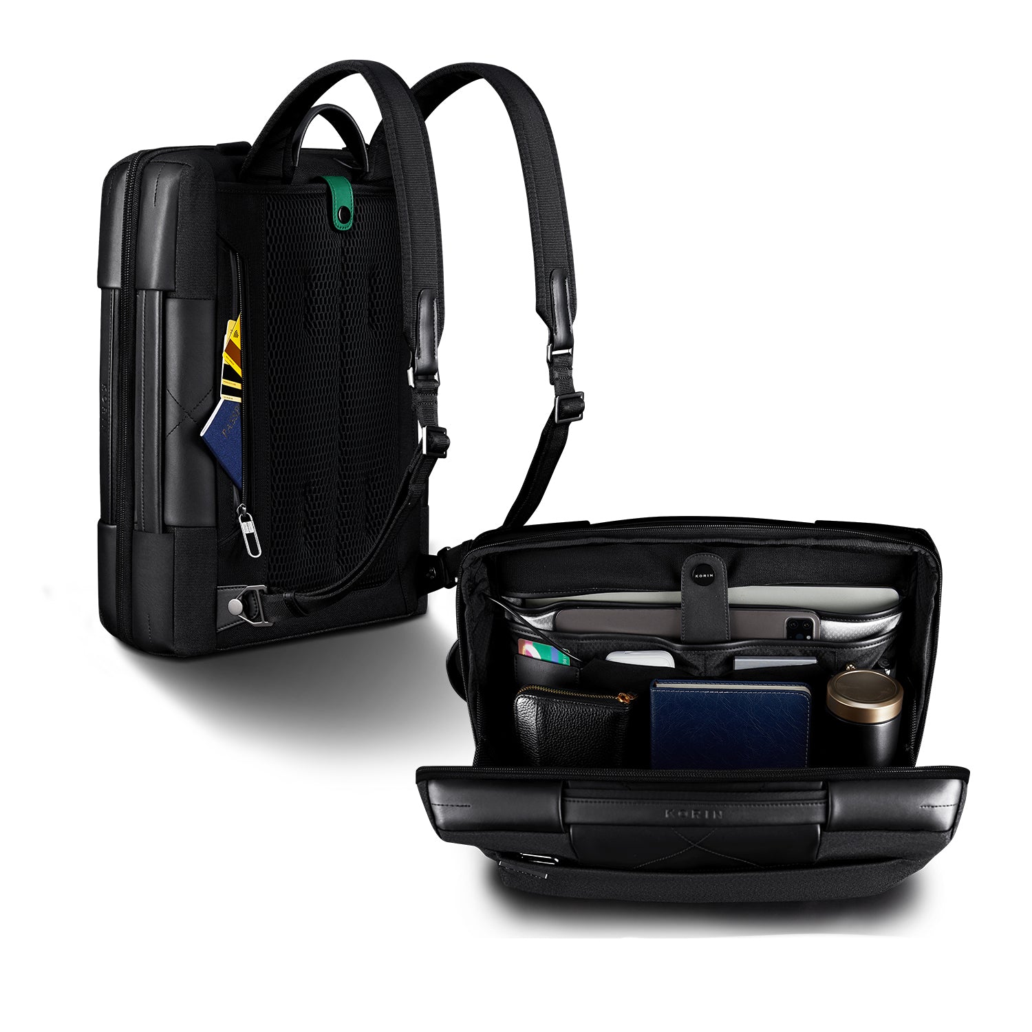 KORIN ClickPack Compack 智能防盜背包，展示時尚黑色外觀與指紋鎖功能。