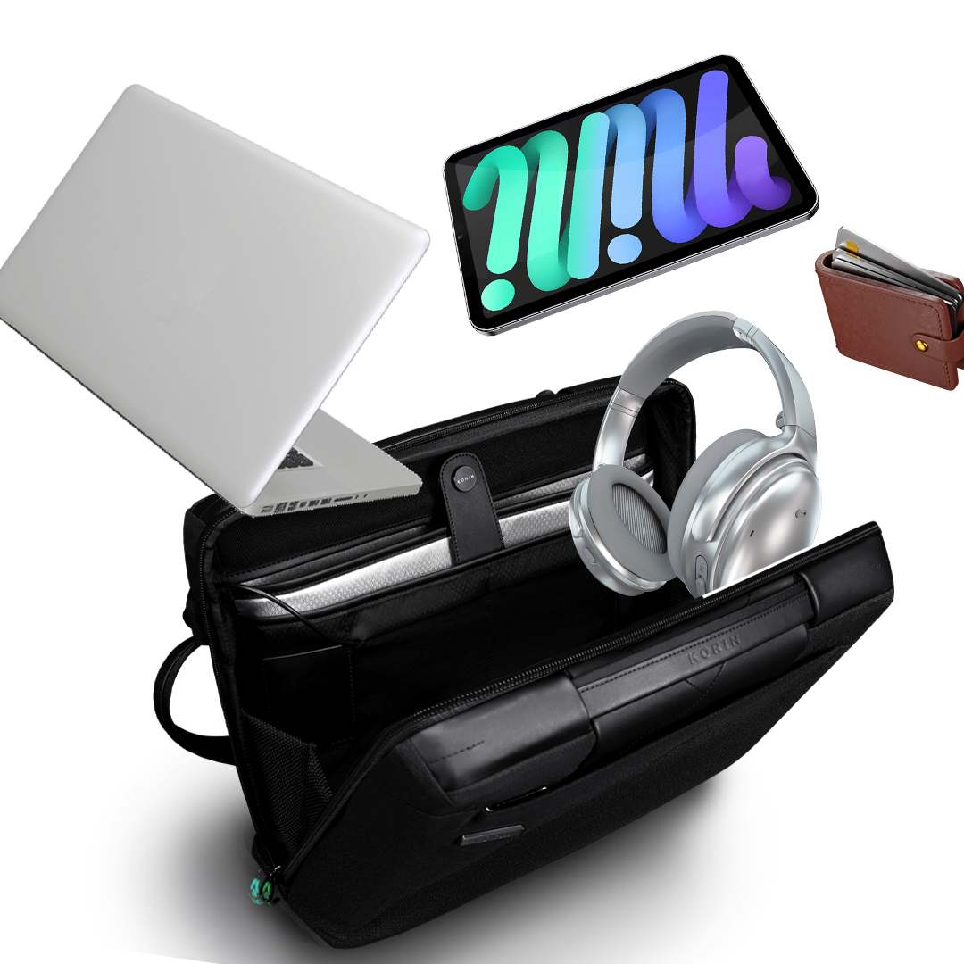 KORIN ClickPack Compack 智能防盜背包，展示時尚黑色外觀與指紋鎖功能。