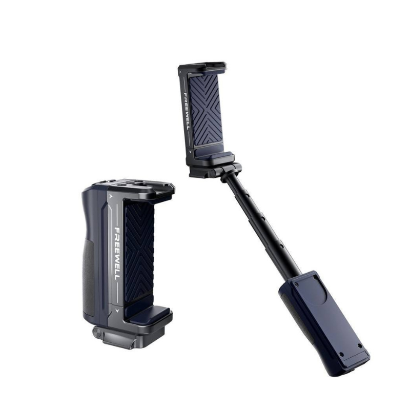 FREEWELL Versatile Bluetooth Selfie Grip，展示其三合一功能設計。