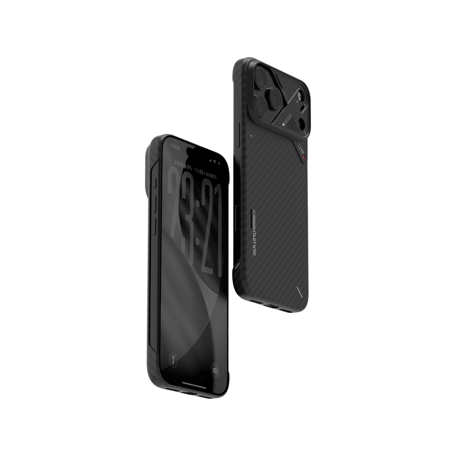 AULUMU 芳綸纖維手機殼 正面與背面展示，支援 MagSafe，碳黑編織紋理