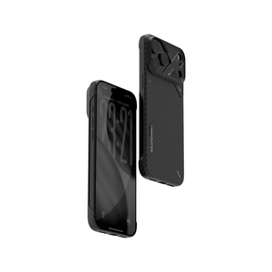 AULUMU 芳綸纖維手機殼 正面與背面展示，支援 MagSafe，碳黑編織紋理