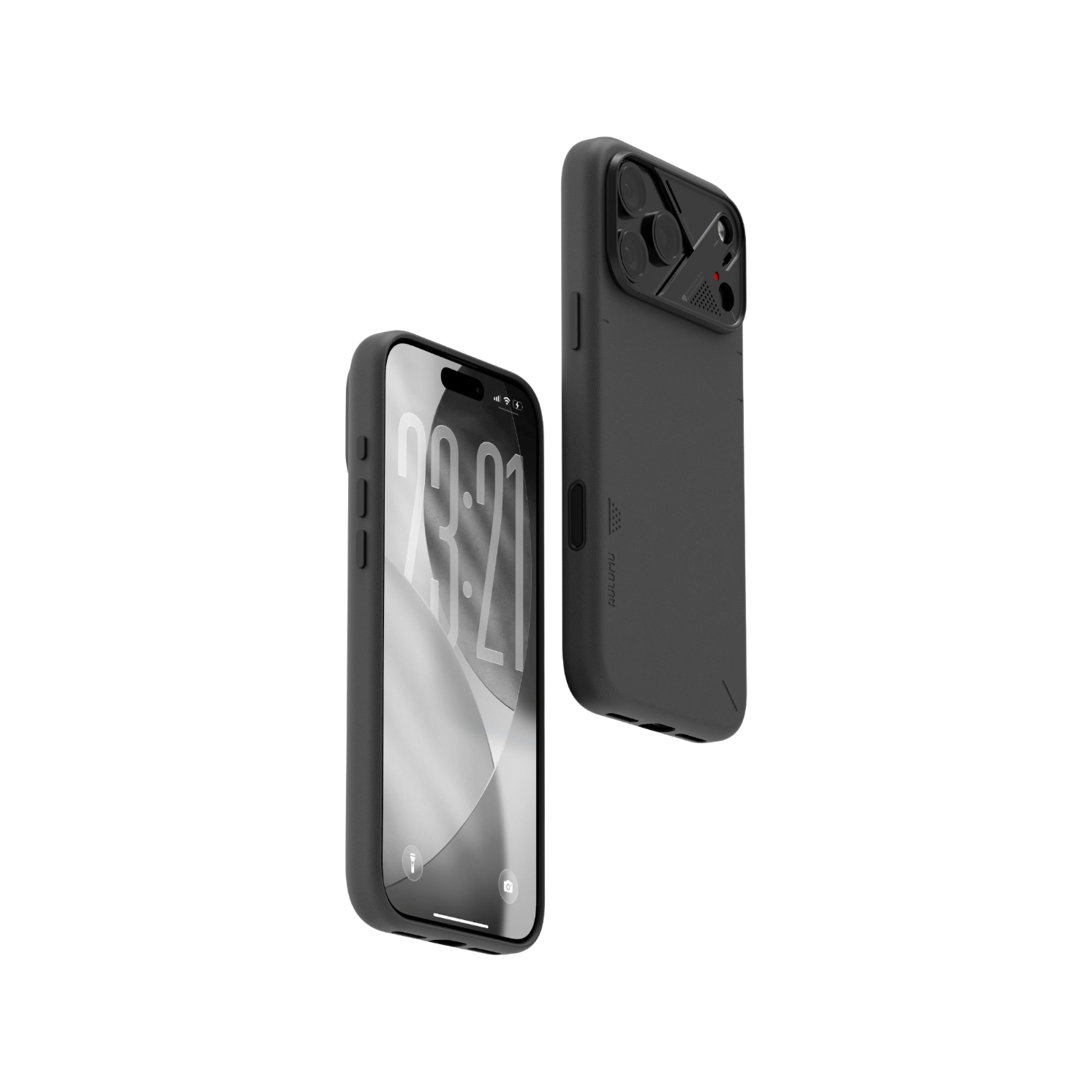 AULUMU 素皮手機殼 黑色款 正背面展示，鋁合金鏡頭框與 MagSafe 相容設計