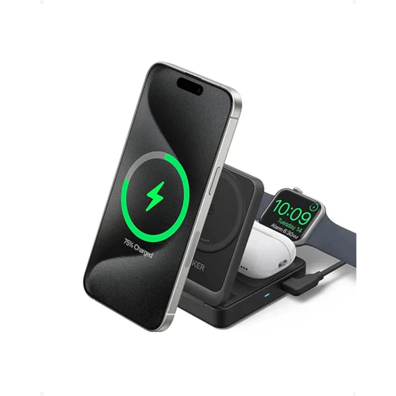 ANKER MagGo 三合一可摺疊無線充電站｜三合一充電設計
