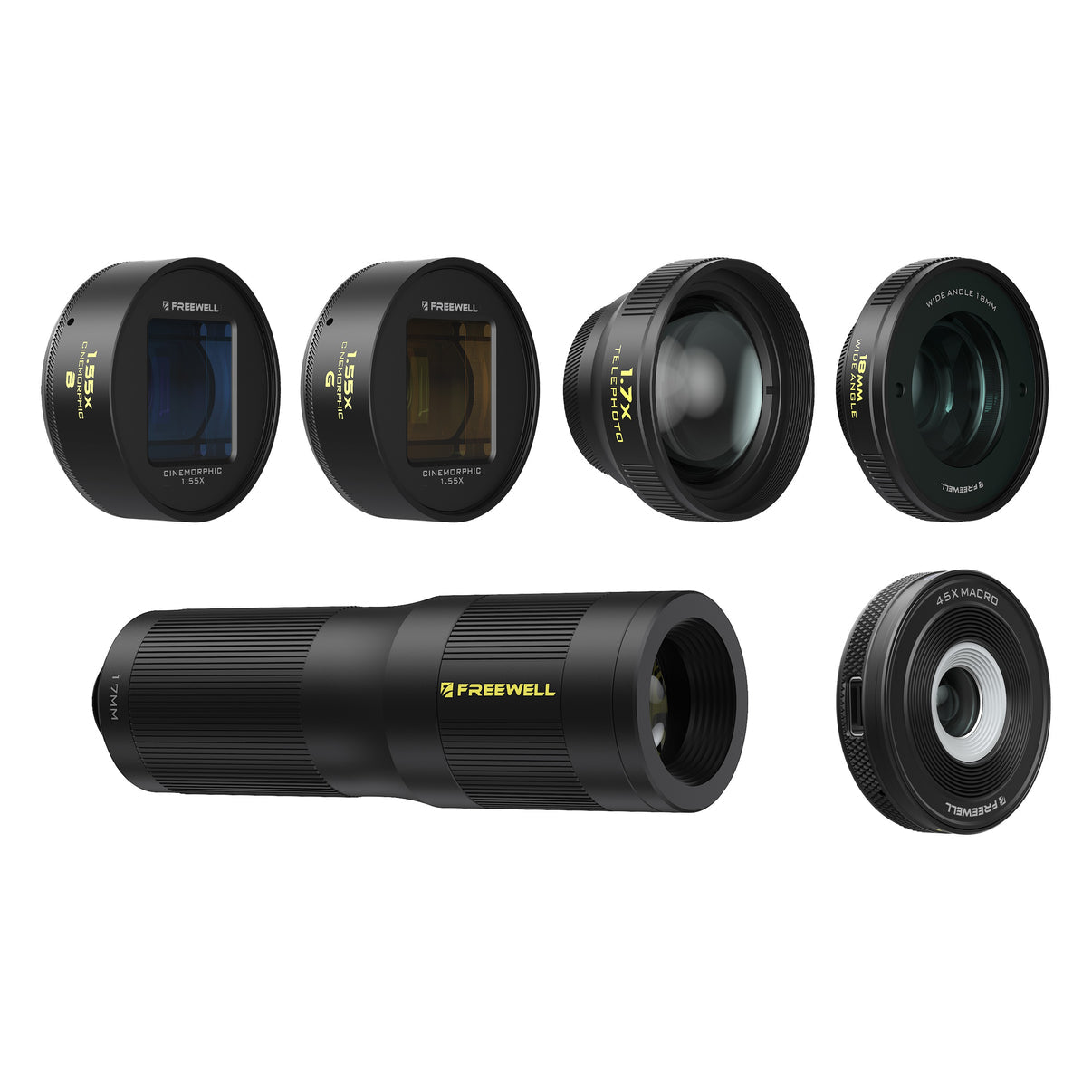 Freewell Pro Filmmaker Lens Kit，1.33x 變形鏡頭、廣角與長焦鏡頭全套組合，適配 17mm 鏡頭座