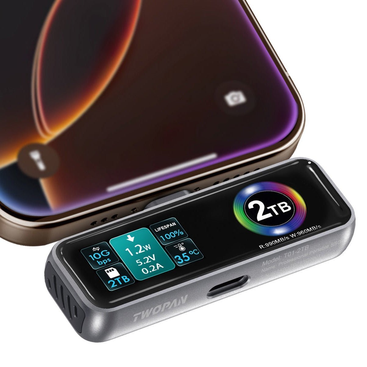 TWOPAN Portable SSD 正面展示：顯示 LCD 屏幕與智能冷卻風扇細節。