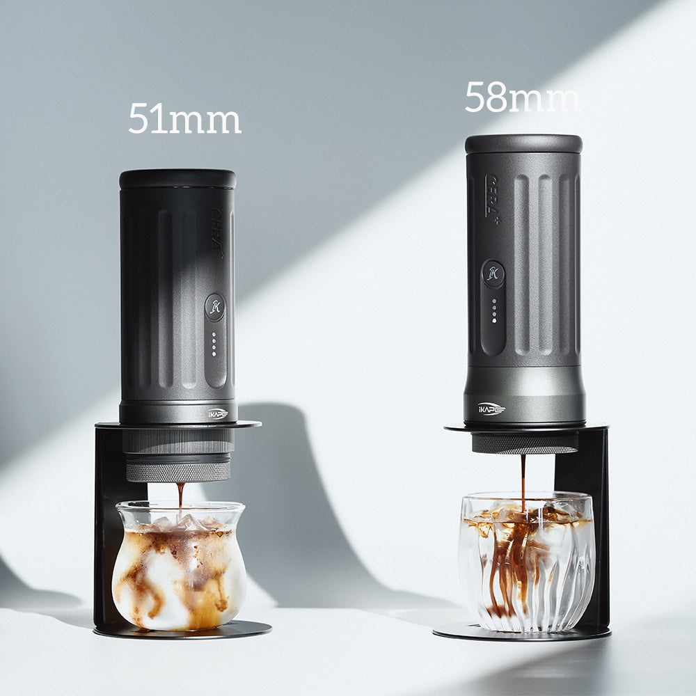 IKAPE Kapo K2／K2 Pro 便攜 Espresso 機 -  版本選擇示意（51mm 與 58mm 比較）