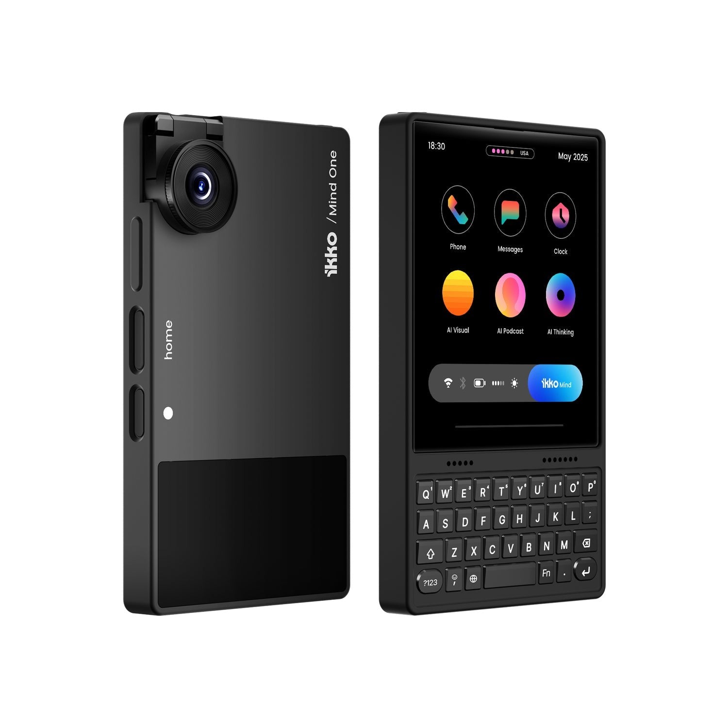 IKKO MindOne Snap-in Case -炭黑色迷你鍵盤手機殼展示圖，內置電池與背光燈鍵盤