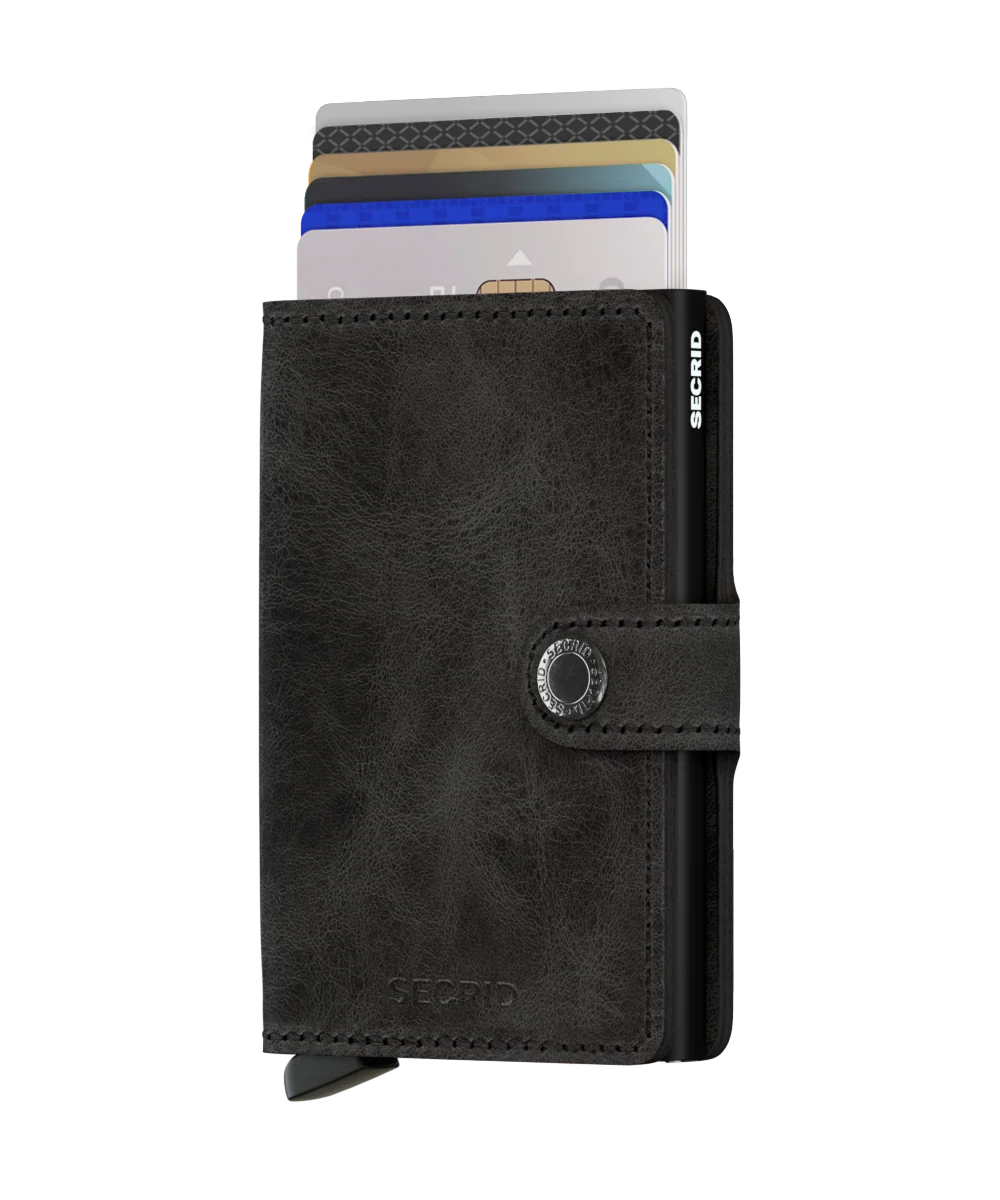 荷蘭製造 SECRID 最暢銷 Miniwallet 真皮防盜銀包 (Matte Satin Steel)。掌心大小蘊藏極大容量，結合榮獲紅點設計大獎的鋁合金卡槽與歐洲優質牛皮，一鍵順滑彈出卡片，為您提供全面的 RFID 防盜刷保護。