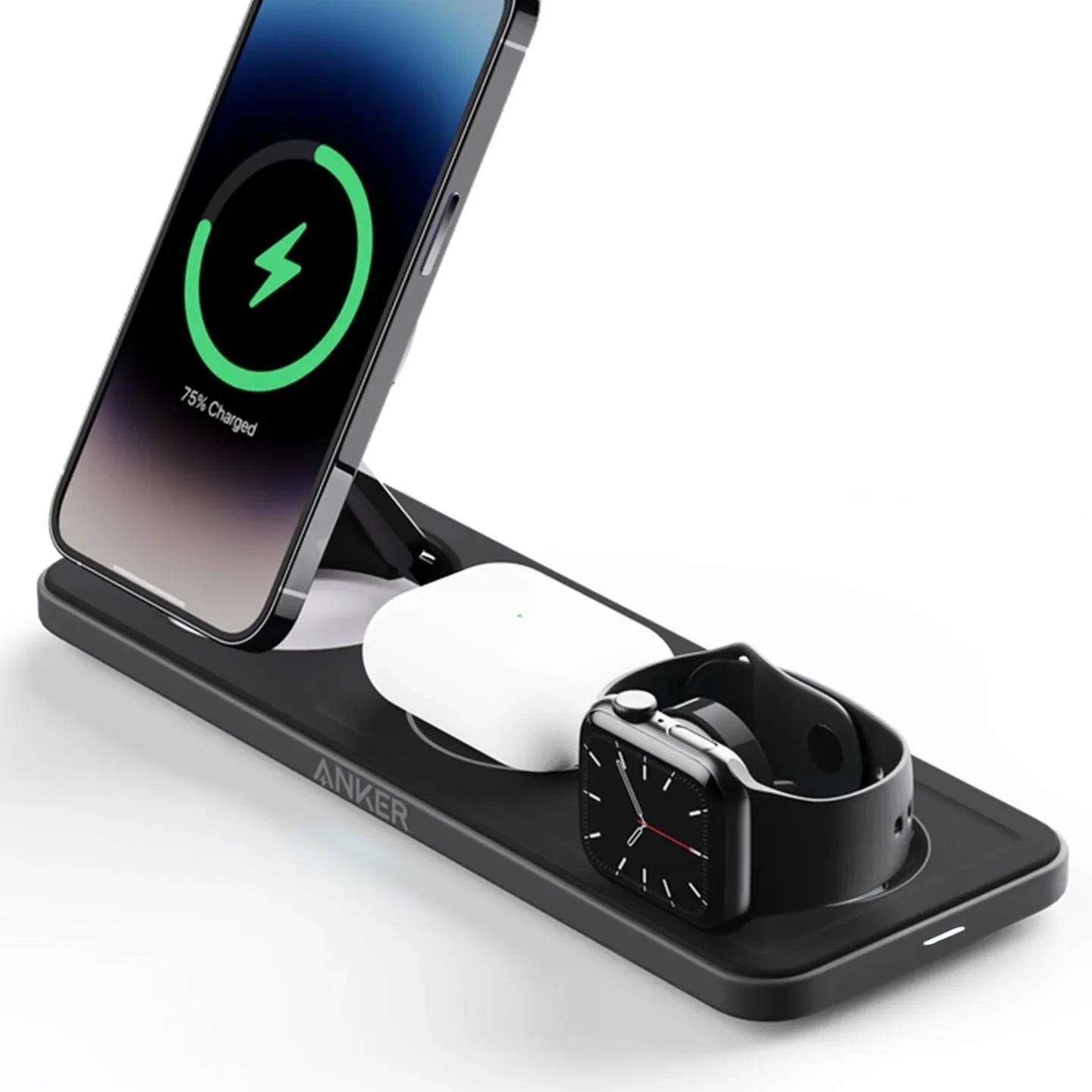 Anker MagGo 3 合 1 無線充電站正面展示，支持MagSafe 快速充電