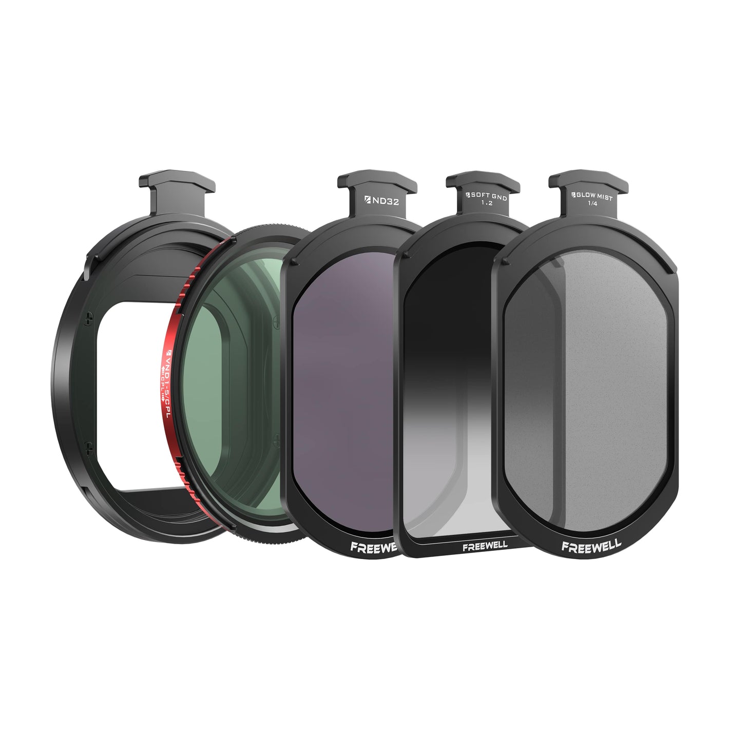FREEWELL iPhone 濾鏡套件展示：完整展示濾鏡套件，包括 VND/CPL、ND32、Soft GND1.2 和 Black Glow Mist 濾鏡。