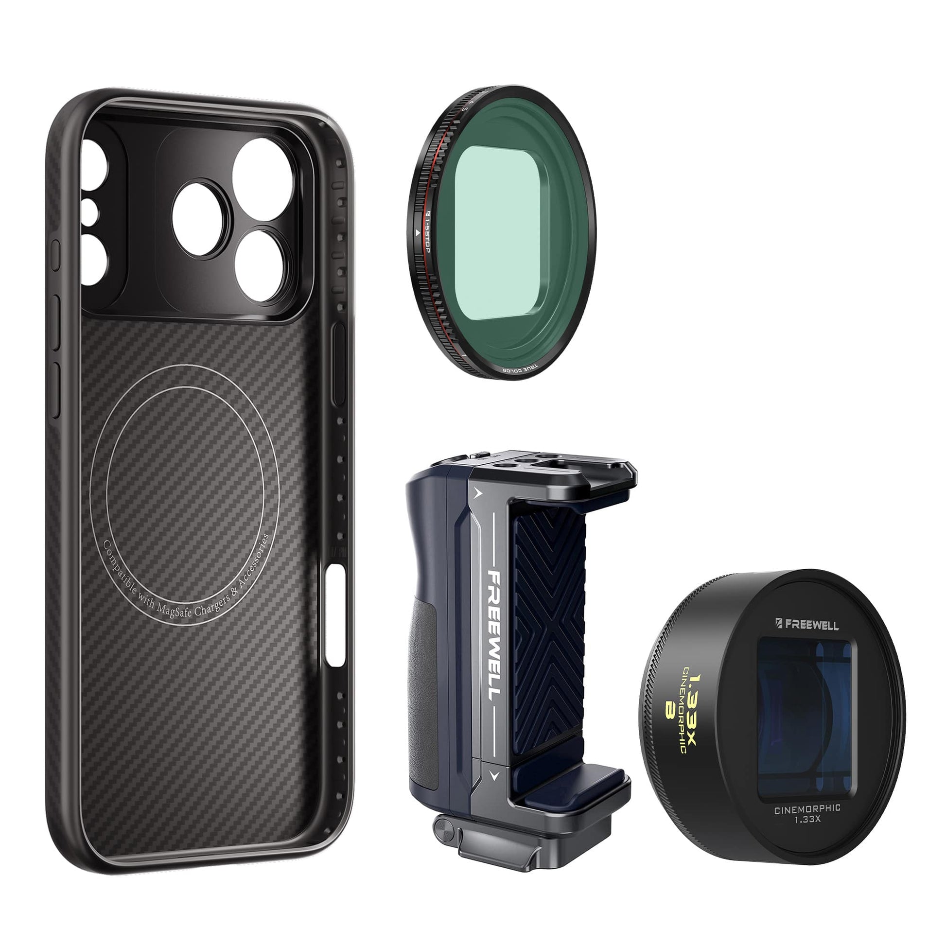 FREEWELL iPhone Pro Filmmaker Cine Pro Kit，包含 1.33x ANAMORPHIC 鏡頭、VND1-5 濾鏡和 MagSafe 手機殼。
