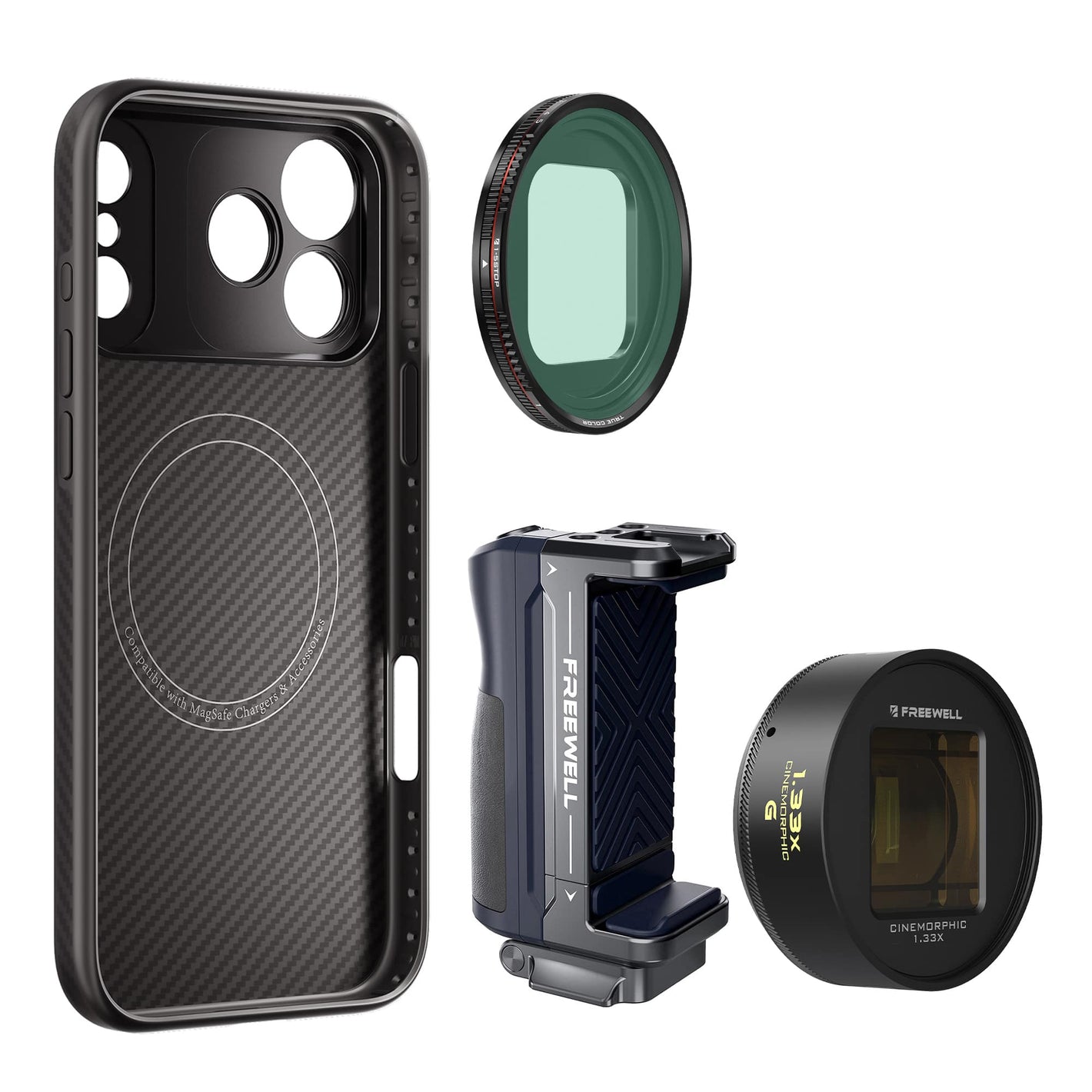 FREEWELL iPhone Pro Filmmaker Cine Pro Kit，包含 1.33x ANAMORPHIC 鏡頭、VND1-5 濾鏡和 MagSafe 手機殼。