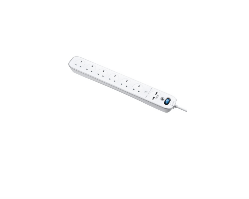 英國 MasterPlug 2位 USB 3.1A 及 6位 13A 有電源開關防雷拖板 線長2米